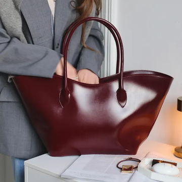 Burgundy Smooth Leather Large Open Top Shoulder Tote Bag