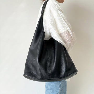 Oversized Soft Black Pebbled Leather Daily Shoulder Tote Bag