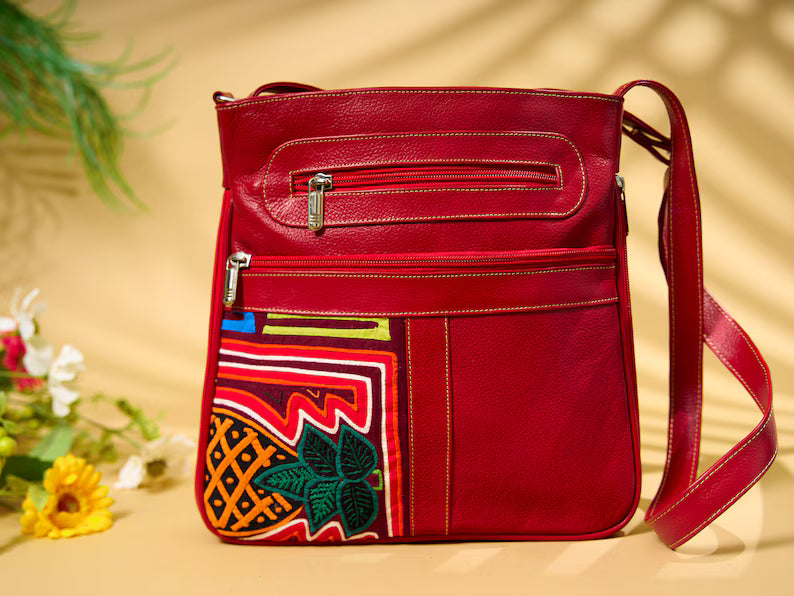 Tan Napa Leather Molas Embroidery Multi-Zip Crossbody Bag