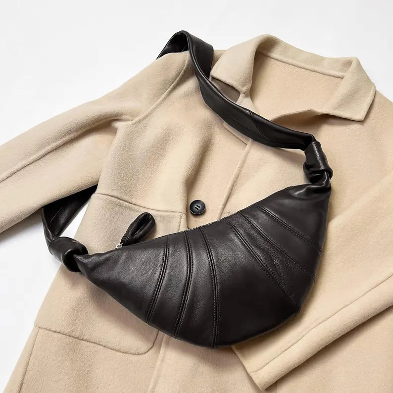 Black Genuine Lambskin Knotted Strap Crescent Sling Shoulder Bag