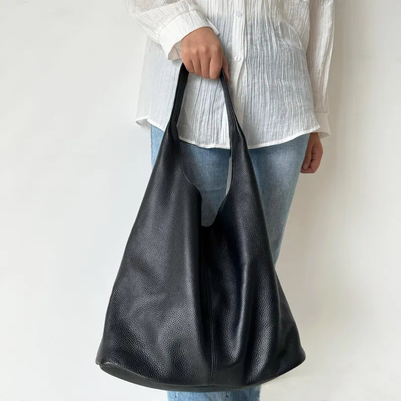 Oversized Soft Black Pebbled Leather Daily Shoulder Tote Bag