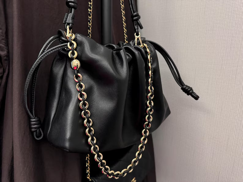 Black Soft Leather Drawstring Cloud Bag