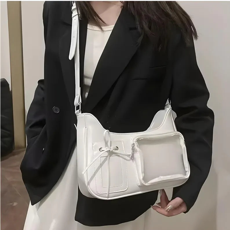 White Ribbon Decor Clear Pocket Adjustable Crossbody Shoulder Bag