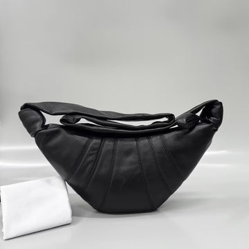 Black Genuine Lambskin Knotted Strap Crescent Sling Shoulder Bag