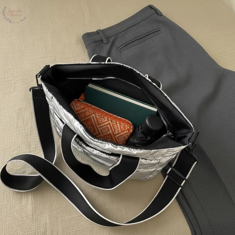 Metallic Silver Horizontal Quilted Puffer Mini Tote Crossbody Bag