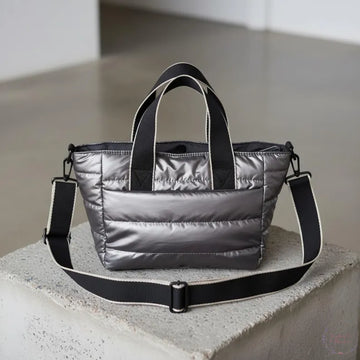 Metallic Silver Horizontal Quilted Puffer Mini Tote Crossbody Bag