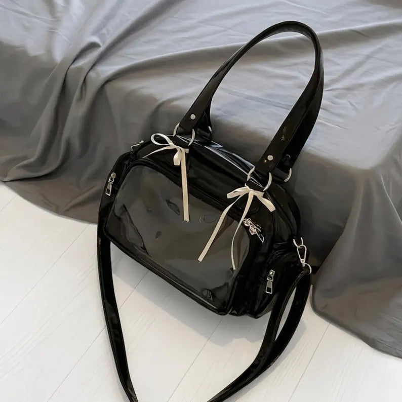Black Patent Clear Window Ribbon Decor Ita Crossbody Collector Bag