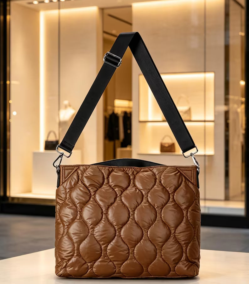 Wavy Quilted Puffer Water Resistant Nylon Convertible Shoulder Tote Bag