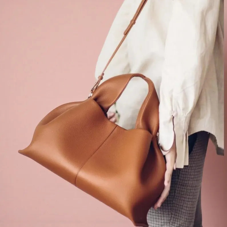 Camel Soft Pebbled Leather Slouchy Dual Handle Crossbody Cloud Bag