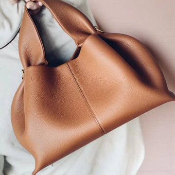 Camel Soft Pebbled Leather Slouchy Dual Handle Crossbody Cloud Bag