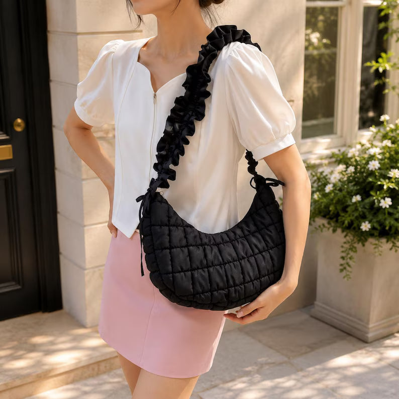 Grid Quilted Puffer Hobo Bag with Ruffle Adjustable Strap