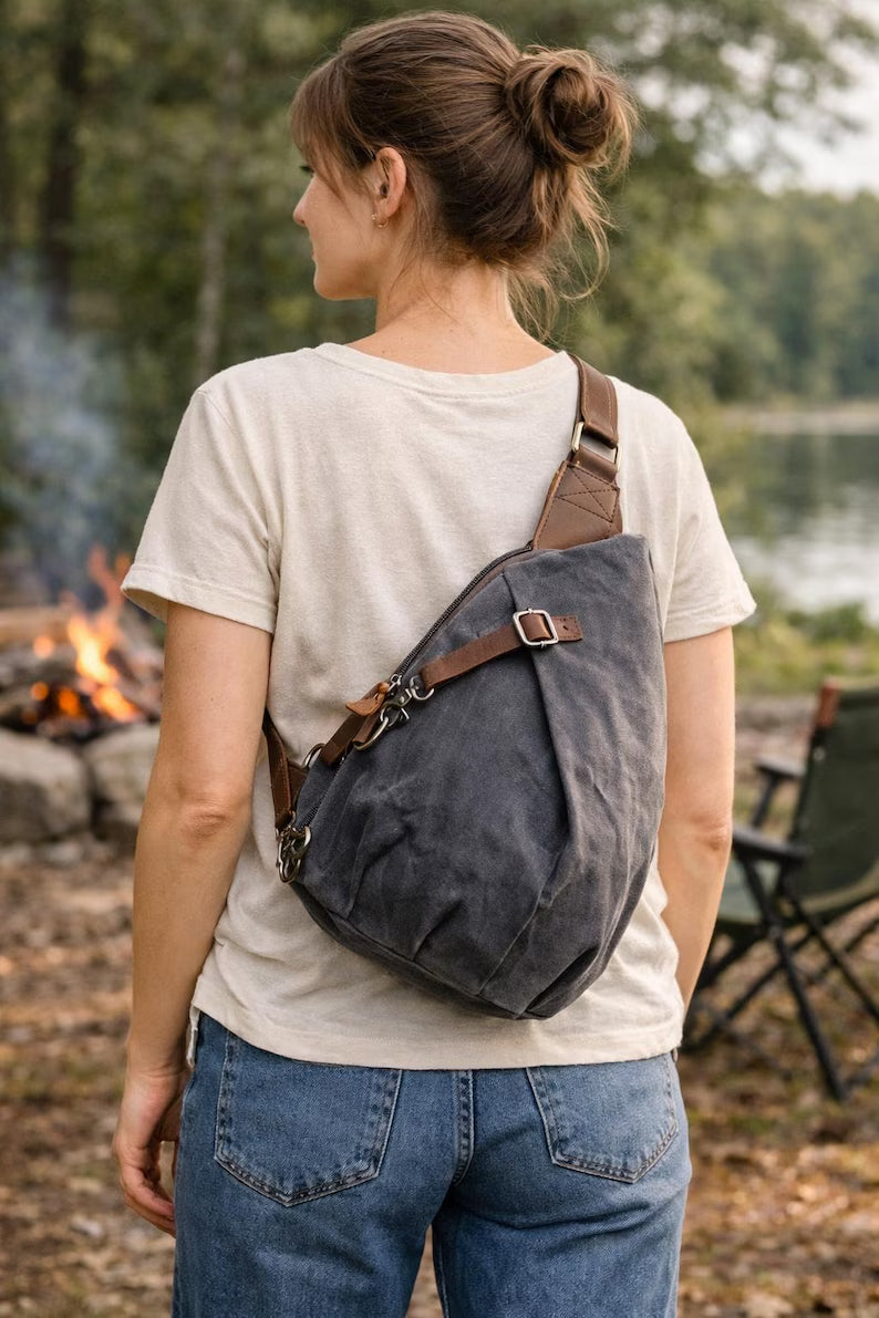 Waterproof Waxed Canvas Genuine Leather Sling Crossbody Backpack Bag