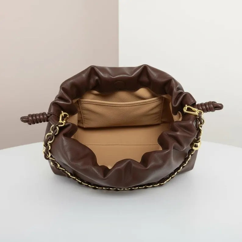 Dark Brown Genuine Leather Knotted Strap Drawstring Cloud Shoulder Bag
