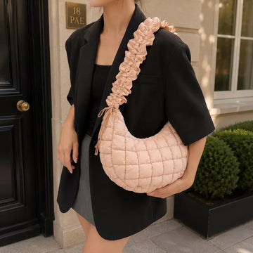 Grid Quilted Puffer Hobo Bag with Ruffle Adjustable Strap