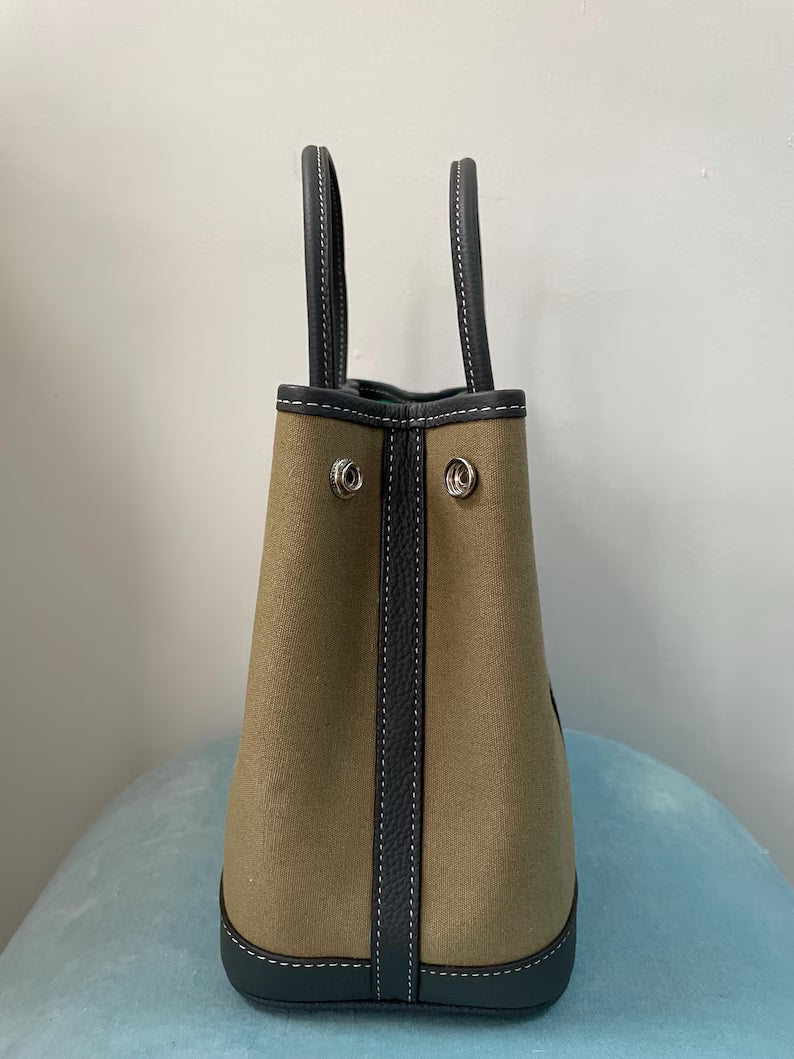 Khaki Linen Contrast Leather Trim Snap Top Handle Tote Bag