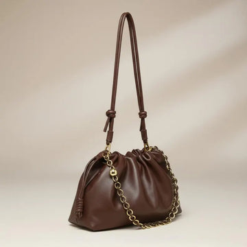 Dark Brown Genuine Leather Knotted Strap Drawstring Cloud Shoulder Bag