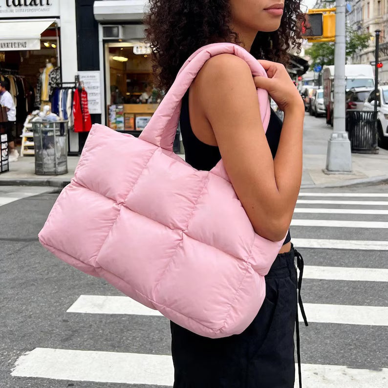 Pink Grid Quilted Lightweight Padded Nylon Large Shoulder Tote Bag
