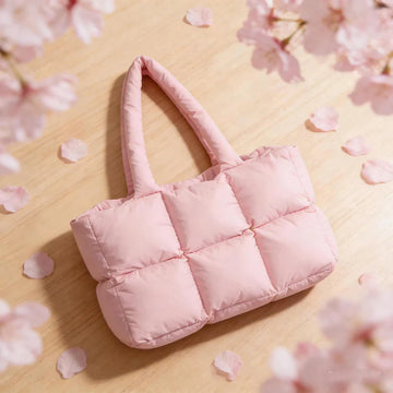 Pink Grid Quilted Lightweight Padded Nylon Large Shoulder Tote Bag